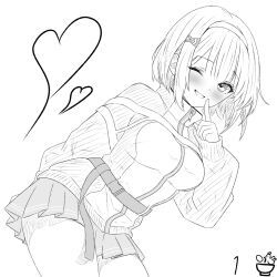 1girl breasts hair_ornament hairband heaven_burns_red highres long_sleeves monochrome one_eye_closed ooshima_muua oyakodon451 short_hair skirt solo sportswear