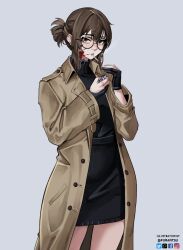 1girl artist_name black-framed_eyewear black_dress black_gloves blood blood_on_face brown_coat brown_eyes brown_hair cigarette coat commentary cowboy_shot dress facebook_logo franzailian5 gloves grey_background holding holding_lighter instagram_logo lighter long_sleeves looking_at_viewer open_clothes open_coat partially_fingerless_gloves pixiv_logo round_eyewear sidelocks simple_background smoking solo standing trench_coat turtleneck turtleneck_dress twitter_logo uguisu_anko yofukashi_no_uta