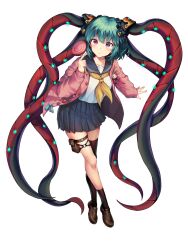 1girl alternate_costume animal_ears ankle_socks aqua_ribbon artist_request asymmetrical_legwear belt belt_pouch black_socks black_thighhighs blue_sailor_collar blue_skirt blush bow brown_belt brown_pouch brown_shoes buttons candy collarbone final_gear food full_body green_hair heart heart_print highres holding holding_candy holding_food holding_lollipop jacket jacket_bow jacket_ribbon leg_belt loafers lollipop mecha_musume mechabare mechanical_tentacles mismatched_legwear neckerchief nia_(final_gear) o-ring o-ring_thigh_strap official_alternate_costume official_art pink_jacket pink_ribbon pink_sleeve_cuffs pleated_skirt pouch purple_eyes rabbit_ears rabbit_ornament ribbon sailor_collar school_uniform serafuku shoes short_hair simple_background skirt sleeve_cuffs socks solo strawberry_ornament striped_collar sweater_jacket tachi-e thigh_belt thigh_strap thighhighs third-party_source transparent_background yellow_bow yellow_neckerchief