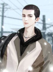 1boy asian backlighting blue_sky brown_coat brown_hair buzz_cut closed_mouth coat collarbone day forehead grey_bag grey_eyes gu_fei_(sa_ye) happy jewelry light_smile looking_at_viewer male_focus multicolored_coat necklace outdoors pink_lips power_lines realistic sa_ye short_hair sky snowing solo thick_eyebrows thick_lips two-tone_coat upper_body very_short_hair white_coat winter ye_dian_pikaqiu