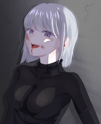 1girl absurdres black_bodysuit blood blood_on_face bodysuit breasts cleavage girls&#039;_frontline grey_background grey_hair highres long_sleeves looking_at_viewer medium_breasts medium_hair open_mouth purple_eyes rpk-16_(girls&#039;_frontline) simple_background smile solo songhayun9 teeth tongue tongue_out upper_body upper_teeth_only
