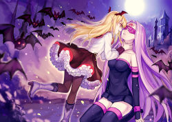 2girls asphyxiation bare_shoulders bat_(animal) black_detached_sleeves black_dress black_footwear blindfold blurry boots brown_legwear brown_skirt building castle collarbone crossover depth_of_field detached_sleeves dress facial_mark fate/stay_night fate_(series) floating_hair forehead_mark frilled_skirt frills head_wings high_heel_boots high_heels imminent_kiss leaning leaning_forward light_purple_hair long_hair long_sleeves looking_at_another medusa_(fate) medusa_(rider)_(fate) mirror_(xilu4) monster_girl moon moonlight multiple_girls neck neck_grab night open_mouth outdoors pantyhose parted_lips petticoat pointy_ears profile purple_background purple_hair seiza shadowverse short_dress sitting skirt smile standing standing_on_one_leg strangling strapless strapless_dress thigh_boots thighhighs tube_dress type-moon vampire vampy very_long_hair wings yuri zettai_ryouiki