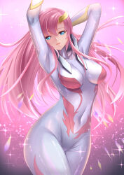 Rule 34 | 1girl, absurdres, alternate costume, arms up, blue eyes, bodysuit, breasts, commentary request, covered navel, glowing, glowing eyes, gundam, gundam seed, gundam seed freedom, hair ornament, highres, lacus clyne, long hair, looking at viewer, mecha pilot suit, medium breasts, normal suit (gundam), official alternate costume, open mouth, pilot suit, pink hair, skin tight, smile, solo, thighs, troy (oxaa01ex)