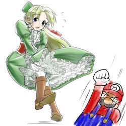 blue_eyes blush boots bow gender_request genderswap green_hair mario mario_(series) nintendo personification ribbon skirt super_mario_bros._1 yoshi