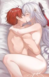 1boy 1girl absurdres ahoge breasts captain_(honkai_impact) commentary commentary_request commission completely_nude cum cum_overflow english_commentary hetero highres honkai_(series) honkai_impact_3rd hug kiss long_hair lying mixed-language_commentary nude on_bed on_side pixiv_commission red_hair sex short_hair theresa_apocalypse theresa_apocalypse_(luna_kindred) theresa_apocalypse_(lunar_vow:_crimson_love) very_long_hair welo white_hair