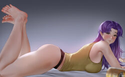 1girl :3 armpits artist_name ass bare_arms bare_legs bare_shoulders barefoot beer_can black_panties blush breasts brown_eyes can commentary_request curtained_hair drink_can earrings easonx feet feet_up from_side highres jewelry katsuragi_misato large_breasts legs long_hair looking_at_viewer lying neon_genesis_evangelion on_stomach panties parted_bangs purple_hair smile soles solo stud_earrings tank_top the_pose thighs toenails toes underwear yellow_tank_top