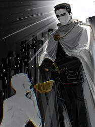 Rule 34 | 1boy, 1other, alternate costume, backlighting, black hair, black suit, city, closed eyes, coat, damalcb, formal clothes, hair slicked back, highres, holding, holding staff, index (identity) (project moon), kneeling, leaning on object, limbus company, looking at another, male focus, meursault (project moon), open mouth, partially colored, praying, project moon, staff, suit, white coat
