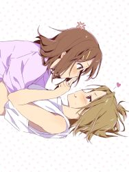 2girls blush brown_hair closed_mouth collared_shirt hair_ornament heart highres hirasawa_yui holding k-on! looking_at_another multiple_girls nose noses_touching pink_shirt shaofangziran shirt short_hair short_sleeves simple_background sleeveless sleeveless_shirt smile sweat sweatdrop tainaka_ritsu tongue tongue_out white_background white_shirt yuri