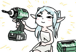 1girl blush_stickers drill elf frieren hand_drill long_hair makita_(brand) naked_towel pointy_ears solo sousou_no_frieren tomoyoshi_ohta tools towel twintails white_hair