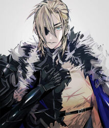 1boy armor black_armor black_fur blue_cape blue_eyes breastplate broken_armor cape collarbone dimitri_alexandre_blaiddyd dimitri_alexandre_blaiddyd_(timeskip) eyepatch fire_emblem fire_emblem:_three_houses gauntlets hair_between_eyes hand_on_own_chest looking_at_viewer male_focus multiple_scars nintendo one_eye_covered parted_bangs pauldrons scar scar_on_chest shoulder_armor simple_background single_pauldron solo straight-on tsukimura_noe upper_body white_background white_fur