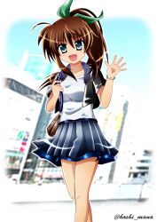 1girl absurdres bag blush brown_bag brown_hair collarbone commentary_request fuka_reventon highres jacket long_hair lyrical_nanoha mahou_shoujo_lyrical_nanoha miniskirt open_hand open_mouth ponytail rappasan05 shirt short_sleeves skirt solo vivid_strike! watermark white_shirt