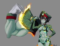 1girl abs absurdres areola_slip army_uniform breasts colored_skin fire glasses green_skin highres large_breasts multiple_limbs muscular newt_(xenoblade) nintendo short_hair simple_background solo xenoblade_chronicles_(series) xenoblade_chronicles_2