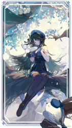 1girl absurdres bare_shoulders beret black_eyes black_gloves black_hair black_pantyhose black_skirt blue_hat breasts closed_mouth commentary copyright_notice english_commentary full_body gloves hat high-waist_skirt highres in_tree long_hair medium_breasts official_art pantyhose qinghejunzi second-party_source single_glove sitting skirt smile solo tacet_mark_(wuthering_waves) tree very_long_hair wuthering_waves yangyang_(bird)_(wuthering_waves) yangyang_(wuthering_waves)