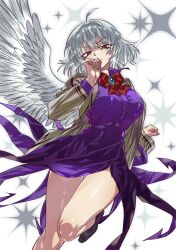 1girl ahoge bare_legs black_boots blue_brooch boots bow bowtie breasts brooch closed_mouth collared_dress commentary dress feathered_wings foot_out_of_frame grey_hair grey_nagato hair_intakes half-closed_eyes hand_up highres jacket jewelry kishin_sagume large_breasts leg_up long_sleeves open_clothes open_jacket purple_dress red_bow red_bowtie red_eyes short_hair single_wing solo sparkle sparkle_background touhou wings