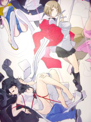 1boy 2girls absurdres animal_hood barefoot black_eyes black_hair blue_eyes blue_pants bound breast_smother breasts brown_eyes brown_hair captured china_dress chinese_clothes computer devi_survivor devil_survivor_(series) devil_survivor_2 dress expressionless face_to_breasts hand_on_leg hetero highres hood hoodie kanno_fumi kuze_hibiki laptop large_breasts multiple_girls nitta_io panties pants rabbit_hood removing_panties short_hair side-tie_panties side_slit simple_background sweatdrop tied_up underwear untied_panties waifu2x white_hoodie yasuda_suzuhito