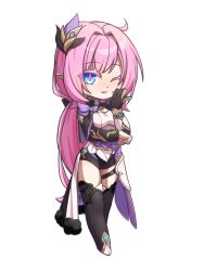 1girl ;) black_boots black_gloves black_shorts blue_eyes boots breasts cape chibi chibi_only cleavage commentary corset elf elysia_(honkai_impact) elysia_(miss_pink_elf)_(honkai_impact) gloves highres honkai_(series) honkai_impact_3rd large_breasts long_hair looking_at_viewer mugi_arashi one_eye_closed pink_hair pink_pupils pointy_ears short_shorts shorts shrug_(clothing) simple_background single_glove smile solo thigh_boots thighs very_long_hair white_background white_corset