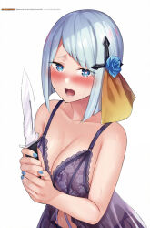 Rule 34 | 1girl, aqua hair, aroused, artist name, black panties, blue eyes, blue flower, blue nails, blue rose, blush, bob cut, breasts, cleavage, copyright name, cross hair ornament, dress, floral print, flower, hair flower, hair ornament, heart, heart-shaped pupils, highres, hiiragi seraphy, holding, holding knife, honey trap shared house, knife, kouzuki kouichi, lace, lace-trimmed dress, lace trim, medium breasts, nail polish, nose blush, official art, open mouth, panties, pink lips, raised inner eyebrows, rose, rose print, see-through clothes, see-through dress, simple background, sleeveless, sleeveless dress, solo, sweat, symbol-shaped pupils, third-party source, underwear, variant set, white background