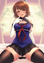 1girl absurdres black_skirt black_thighhighs breasts brown_eyes brown_hair dixie_cup_hat elbow_gloves flipped_hair gloves hat highres kantai_collection looking_at_viewer makura_(y_makura) medium_breasts military_hat miniskirt neckerchief panties pleated_skirt red_neckerchief richard_p._leary_(kancolle) richard_p._leary_kai_(kancolle) school_uniform serafuku short_hair sitting skirt solo thighhighs underwear white_gloves white_hat white_panties