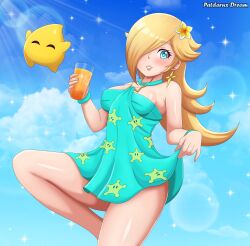 1girl artist_name blue_choker blue_dress blue_sky bracelet breasts choker cleavage clothes_lift cloud cloudy_sky dress dress_lift ear_piercing earrings eyebrows_hidden_by_hair facing_viewer flower hair_flower hair_ornament highres jewelry juice leg_up long_hair looking_at_viewer luma_(mario) mario_(series) medium_breasts nintendo one_eye_closed orange_juice patdarux piercing rosalina sky smile solo sparkle standing strapless strapless_dress sunlight teeth thighs very_long_hair