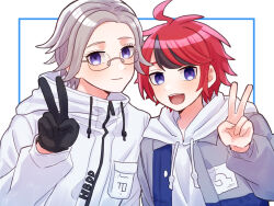 2boys aotsuki_eito black_gloves black_hair blue_eyes blush closed_mouth coat commentary_request glasses gloves grey_hair highres hood hood_down hoodie jacket long_sleeves looking_at_viewer male_focus momo_(momo_2muco) multicolored_hair multiple_boys open_clothes open_jacket open_mouth red_hair simple_background streaked_hair sumino_takumi the_hundred_line_-last_defense_academy- upper_body v white_coat white_hoodie