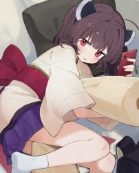 1girl ahoge artist_name blush brown_hair cellphone commentary corn_kuten feet_out_of_frame headgear holding holding_phone japanese_clothes kimono kiritanpo_(food) long_sleeves looking_at_viewer lying obi on_side parted_lips phone pleated_skirt purple_skirt red_eyes red_sash sash short_hair skirt smartphone socks solo sweat touhoku_kiritan twitter_username voiceroid white_kimono white_socks wide_sleeves