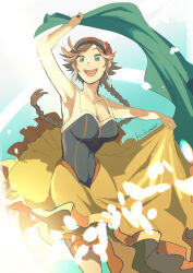 1girl agnea_bristarni black_hairband blue_eyes braid braided_ponytail breasts brown_hair commentary dancer dancing earrings flower hair_flower hair_ornament hairband hoop_earrings jewelry kachidama large_breasts layered_skirt long_hair long_skirt octopath_traveler octopath_traveler_ii open_mouth orange_skirt red_flower red_rose rose signature skirt smile solo symbol-only_commentary teeth upper_teeth_only