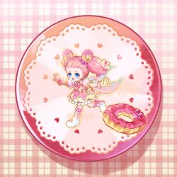 1girl absurdres artist_name back_ribbon blue_eyes blue_ribbon boots bow bowtie bracelet bubble_skirt buttons center_frills child chinese_commentary collared_shirt commentary_request cure_pekorin donut dot_nose dripping eyelashes floating_clothes floating_hair food food-themed_hair_ornament food_print forehead frilled_shirt_collar frilled_sleeves frills full_body gradient_background hair_bobbles hair_ornament happy highres inhan jewelry kirakira_precure_a_la_mode knee_boots lace lace-trimmed_skirt lace_trim light_blush long_hair looking_ahead magical_girl miniskirt multicolored_boots open_mouth orange_background outline outstretched_arms pekorin_(precure)_(human) pink_boots pink_bow pink_bowtie pink_hair pink_shirt pink_skirt plaid_background plate precure puffy_short_sleeves puffy_sleeves ribbon running shadow shirt short_sleeves short_twintails skirt smile solo tareme twintails two-tone_boots two-tone_skirt watermark white_boots yellow_outline yellow_skirt