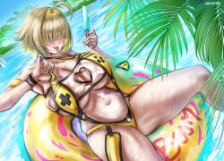 1girl absurdres ahoge blonde_hair blush breasts clothing_cutout colycycle day elegg_(boom_and_shock)_(nikke) elegg_(nikke) eyes_visible_through_hair food goddess_of_victory:_nikke hair_intakes hair_over_eyes heart_cutout highres holding holding_food holding_popsicle innertube large_breasts long_bangs multicolored_hair navel on_innertube open_mouth popsicle purple_eyes see-through_slingshot_swimsuit shiny_skin short_hair sitting slingshot_swimsuit solo swim_ring swimsuit tongue tongue_out two-tone_hair water wet yellow_innertube yellow_slingshot_swimsuit
