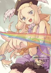 Rule 34 | 1girl, armband, blonde hair, blue eyes, bow, bowtie, capelet, cowboy shot, dahlia (rune factory), earrings, feathers, fur-trimmed shorts, fur trim, hair ornament, hat, hat feather, highres, index finger raised, jewelry, long hair, open mouth, orange armband, orange capelet, pointy ears, purple bow, purple bowtie, purple shorts, rainbow, rune factory, rune factory 3, shirt, shorts, sleeveless, sleeveless shirt, solo, sphere hair ornament, u7yrfedrjpe1cvb, very long hair, white shirt