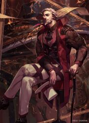 1boy ascot beard chunithm closed_mouth commentary_request crossed_legs facial_hair gloves grey_gloves gyzeghul_the_violent hat highres holding holding_unworn_clothes holding_unworn_hat instrument jacket male_focus monocle mustache official_art old old_man pants piano red_jacket sheet_music so-taro solo unworn_hat unworn_headwear white_pants