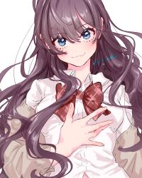 1girl :3 blue_eyes blush bow bowtie brown_hair cardigan charincofu_04 collared_shirt highres ichinose_shiki idolmaster idolmaster_cinderella_girls long_hair looking_at_viewer off_shoulder open_cardigan open_clothes red_bow red_bowtie shirt smile solo upper_body