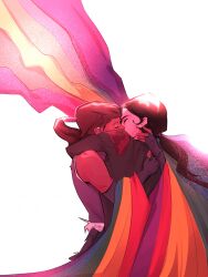 2girls absurdres asami_sato avatar_legends black_hair brown_hair closed_eyes commentary elbow_gloves gloves highres hug jellolegos kiss korra lgbt_pride long_hair multiple_girls ponytail purple_gloves rainbow_flag shirt simple_background sleeveless sleeveless_shirt symbol-only_commentary the_legend_of_korra white_background yuri