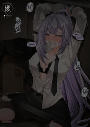 1girl artist_logo belt black_belt black_bra black_necktie black_skirt blush bra breasts collarbone collared_shirt english_text gag grey_eyes grey_hair highres hololive hololive_indonesia improvised_gag landacdeus logo long_hair necktie pantyhose partially_unbuttoned patreon_username restrained shirt skirt solo speech_bubble tape tape_gag tearing_up torn_clothes torn_pantyhose trembling twitter_username underwear undone_necktie vestia_zeta virtual_youtuber white_shirt