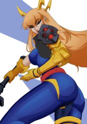 absurdres ass blonde_hair blue_eyes blue_pants elbow_spikes gloves hair_ornament hayashidraws highres holding holding_sword holding_weapon huge_weapon long_hair looking_at_viewer magik_(x-men) marvel marvel_rivals pants punk spiked_pauldrons spikes superhero_costume sword tight_clothes tight_pants weapon x-men yellow_gloves