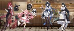 4girls :d absurdres ahoge apron arm_strap arm_up baizhi_(wuthering_waves) black_eyes black_footwear black_hair black_skirt black_thighhighs black_vest blue_bow blue_bowtie bow bowtie breasts brown_pantyhose cloudy_(wuthering_waves) commentary cosmos_(wuthering_waves) cup dress drinking_glass drinking_straw earrings encore_(wuthering_waves) food frilled_sleeves frills fruit gloves hair_intakes hair_ornament hair_stick head_tilt high_heels highres holding holding_tray indoors jar jewelry juliet_sleeves lemon lemon_slice long_hair long_sleeves looking_at_viewer maid medium_breasts multiple_girls official_alternate_costume official_art open_mouth pantyhose petticoat pink_dress pink_hair pointy_ears ponytail puffy_short_sleeves puffy_sleeves purple_eyes red_footwear red_hair red_vest shirt short_sleeves side_slit skirt smile socks thighhighs thighs third-party_source tray twintails two-tone_vest very_long_hair vest waist_apron white_apron white_gloves white_shirt white_socks wide_sleeves wuthering_waves yangyang_(wuthering_waves) yinlin_(wuthering_waves) zapstring_(wuthering_waves)