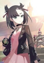 1boy 2girls :o asymmetrical_bangs black_choker black_hair black_jacket choker dress dusk_ball green_eyes hair_ribbon highres holding holding_megaphone holding_poke_ball jacket light_particles looking_to_the_side marnie_(pokemon) megaphone mohawk multiple_girls nintendo outdoors parted_lips pink_dress poke_ball pokemon pokemon_swsh punk purple_hair ribbon sky solo_focus sunlight team_yell team_yell_grunt twintails undercut yellow_sky zeroartwo