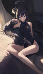 1girl absurdres bare_shoulders black_dress black_hair blue_archive blue_eyes breasts china_dress chinese_clothes double_bun dragon_print dress grey_halo hair_bun halo highres jianjia kisaki_(blue_archive) legs looking_at_viewer sitting sleeveless sleeveless_dress small_breasts thighs twintails
