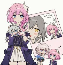 1boy 3girls blue_eyes blue_skirt clunch coat commentary cyrene_(honkai:_star_rail) dress grey_hair hair_ornament holding_chibi honkai:_star_rail honkai_(series) march_7th_(honkai:_star_rail) march_7th_(preservation)_(honkai:_star_rail) medium_hair mem_(honkai:_star_rail) multicolored_hair multiple_girls phainon_(honkai:_star_rail) photo_(object) pink_hair purple_coat shirt simple_background skirt smile stelle_(honkai:_star_rail) trailblazer_(honkai:_star_rail) two-tone_hair white_background white_dress white_hair white_shirt yellow_eyes