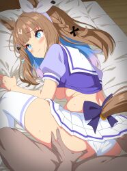 Rule 34 | 1boy, 1girl, absurdres, almond eye (umamusume), animal ears, blue eyes, blue hair, brown hair, censored, closed mouth, clothing aside, eufoniuz, hairband, highres, horse ears, mosaic censoring, multicolored hair, panties, panties aside, penis, pleated skirt, school uniform, sex, sex from behind, skirt, solo focus, tracen school uniform, two-tone hair, umamusume, underwear, white hairband, white panties, white skirt