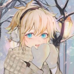 1boy :d antenna_hair bare_tree basil_(faraway)_(omori) basil_(omori) blonde_hair blue_eyes commentary earmuffs eggplant0100 from_side grey_scarf grey_shirt hair_between_eyes hands_up highres lamppost layered_sleeves long_sleeves looking_at_viewer male_focus mittens omori open_mouth outdoors plaid_clothes plaid_scarf portrait scarf shirt short_hair sidelocks smile snowing solo symbol-only_commentary teeth tongue tree upper_teeth_only white_mittens