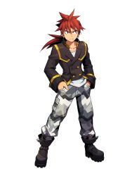 Rule 34 | 1boy, azure striker gunvolt, azure striker gunvolt 1, black boots, black jacket, boots, brown eyes, brown hair, camouflage, camouflage pants, daytona (gunvolt), earrings, full body, grey pants, hands in pockets, highres, jacket, jewelry, male focus, official art, pants, simple background, solo, white background