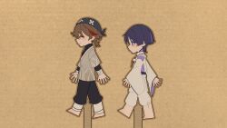 Rule 34 | 2boys, absurdres, arms at sides, barefoot, black pants, black sash, black sleeves, black undershirt, blunt ends, brown hair, brown outline, cardboard, cardboard cutout, closed eyes, closed mouth, clothing cutout, eyeliner, eyeshadow, facing to the side, feathers, from side, genshin impact, grass print, grey kimono, headscarf, highres, japanese clothes, kariginu, kimono, layered sleeves, long sleeves, looking at another, looking to the side, low ponytail, makeup, miaoyeza233, mid-stride, multicolored hair, multiple boys, niwa (genshin impact), open hands, outline, pants, pom pom (clothes), ponytail, profile, purple eyes, purple hair, purple kimono, purple sleeves, red eyeliner, red eyeshadow, red hair, sash, scaramouche (genshin impact), scaramouche (kabukimono) (genshin impact), shirt, short ponytail, short sleeves, shoulder cutout, side cutout, smile, streaked hair, string, turtleneck, turtleneck shirt, walking, white pants, wide sleeves, wrist wrap, yellow feathers