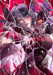 1girl :q absurdres black_corset black_hair black_horns black_nails broken_glass corset dress flower fusion glass grey_hair hands_up highres hololive hololive_english horn_flower horns jewelry long_hair looking_at_viewer multicolored_hair necklace nerissa_ravencroft official_alternate_costume pink_background red_dress shiori_novella shiori_novella_(casual) solo split-color_hair tongue tongue_out two-tone_hair yellow_eyes zolomon_(jarvis_lin)