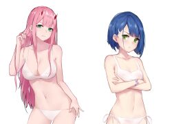 Rule 34 | 2girls, blue hair, darling in the franxx, highres, ichigo (darling in the franxx), long hair, looking at viewer, multiple girls, nude filter request, pink hair, short hair, simple background, tagme, underwear, zero two (darling in the franxx)