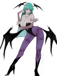 1girl bare_shoulders black_boots black_leotard black_wings boots breasts bridal_gauntlets capcom cleavage collarbone darkstalkers demon_girl demon_wings female_focus green_eyes green_hair head_wings high_heel_boots high_heels highres large_breasts leotard long_hair looking_at_viewer matching_hair/eyes meke_(77842928) morrigan_aensland multiple_wings open_mouth pantyhose pink_bridal_gauntlets purple_pantyhose simple_background solo teeth upper_teeth_only white_background wings