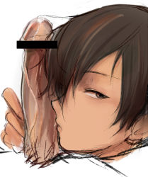 00s 1boy bad_id bad_pixiv_id bar_censor brown_eyes brown_hair censored erection from_side hair_over_one_eye head ikezawa_kazuma kissing_penis looking_at_viewer looking_to_the_side lowres male_focus penis penis_on_face precum profile shota simple_background sketch summer_wars tsukuru_(seki_sabato) white_background yaoi