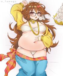 Rule 34 | 1girl, arm up, artist name, artist request, belly, bikini, black-framed eyewear, bracelet, breasts, brown eyes, brown hair, clothes pull, commission, fat, fat woman, fate/extra, fate/extra ccc, fate (series), from above, glasses, hamster, hand on own stomach, harem outfit, jewelry, jinako carigiri, long hair, lying, medium breasts, messy hair, navel, necklace, o tamago, on back, open clothes, open mouth, open shirt, pants, pants pull, plump, ring, shirt, solo, swimsuit, watermark, white background, white bikini, yellow shirt