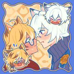 Rule 34 | 2boys, ahoge, animal ears, artist self-insert, bishounen, blonde hair, blush, cat boy, cat ears, chibi, fang, from side, glasses, hazel2153, hazel (hazel2153), height difference, highres, looking at another, male focus, mani (rokyujuusan), multiple boys, oc x canon, open mouth, seth lowell, upper body, white hair, yaoi, zenless zone zero