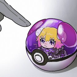 1girl 1other blonde_hair cloud dante_(limbus_company) don_quixote_(project_moon) e.g.o_(project_moon) electric_screaming_(e.g.o) flaw_eight hair_between_eyes horns lightning limbus_company master_ball nintendo pointing poke_ball pokemon project_moon purple_eyes sad sheep_horns short_hair solo_focus