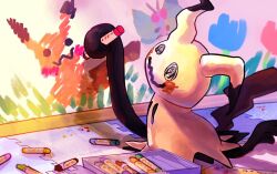 Rule 34 | black eyes, butterfree, commentary, crayon, crayon drawing, drawing (action), flower, gen 1 pokemon, gen 7 pokemon, graffiti, grass, holding, holding crayon, indoors, inudomooo, mimikyu, nintendo, no humans, one-hour drawing challenge, pikachu, pokemon, pokemon (creature), solo